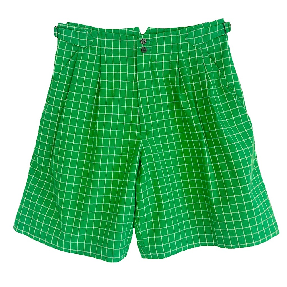 VINTAGE 90’s LizSport Ribcage Green White Grid Print Cotton Pleat Front Bermudas